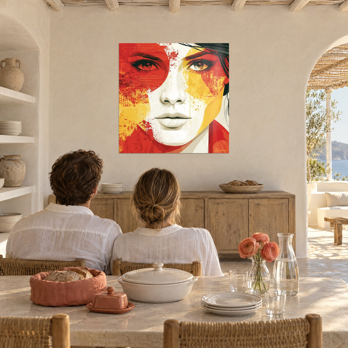Schilderij vrouwelijke gestalte met bleke lippen, rode en gele spatten, voor een echtpaar, wit huis