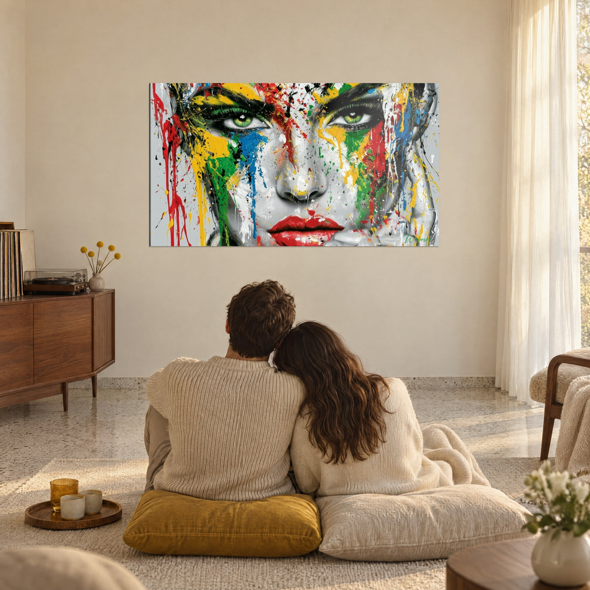 Schilderij met het diepe groen van de ogen, scharlakenrode en gouden druipsporen, stel van achteren omarmd op kussens, lichte woonkamer