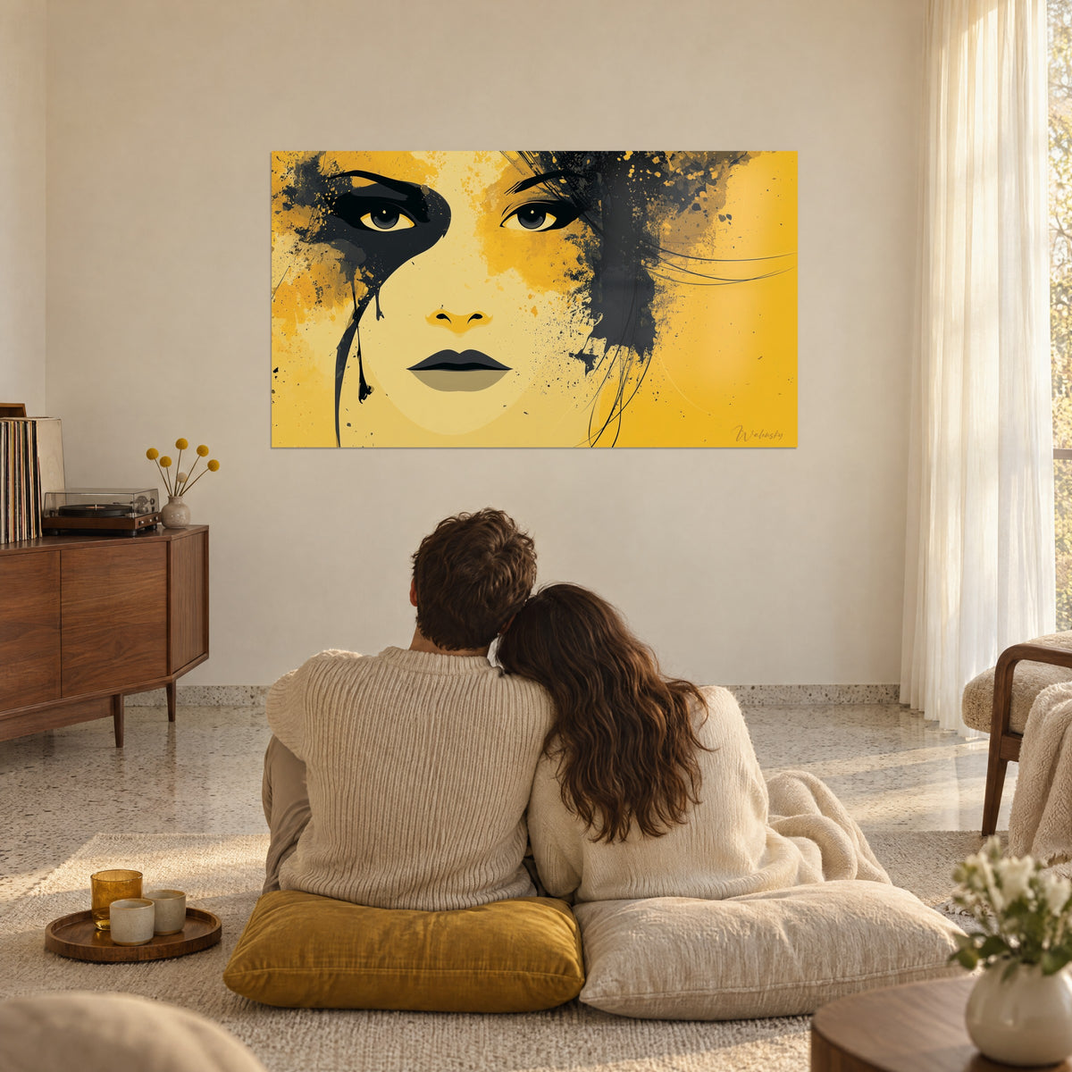Πίνακας αφηρημένη γυναικεία μορφή, μαύρα βλέφαρα, γκρι χείλη και σταγόνες μελανιού, απέναντι σε ζευγάρι καθισμένο σε κίτρινα μαξιλάρια