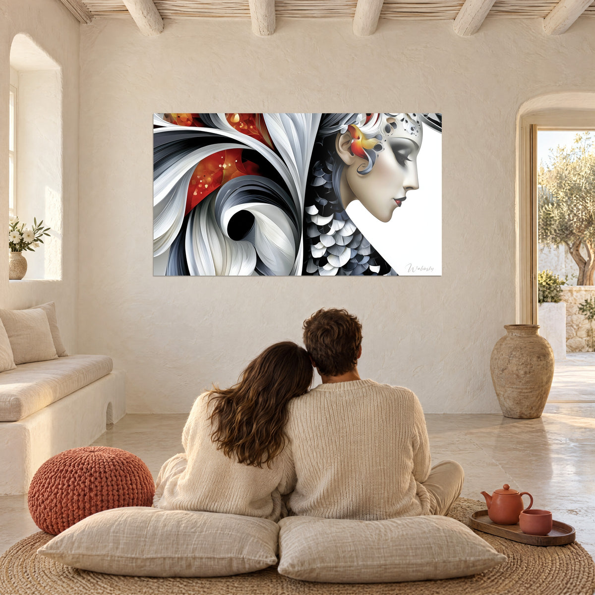 Wall art bird-woman in profile, grey and white plumage, red glints, facing a couple seated back to back on cushions