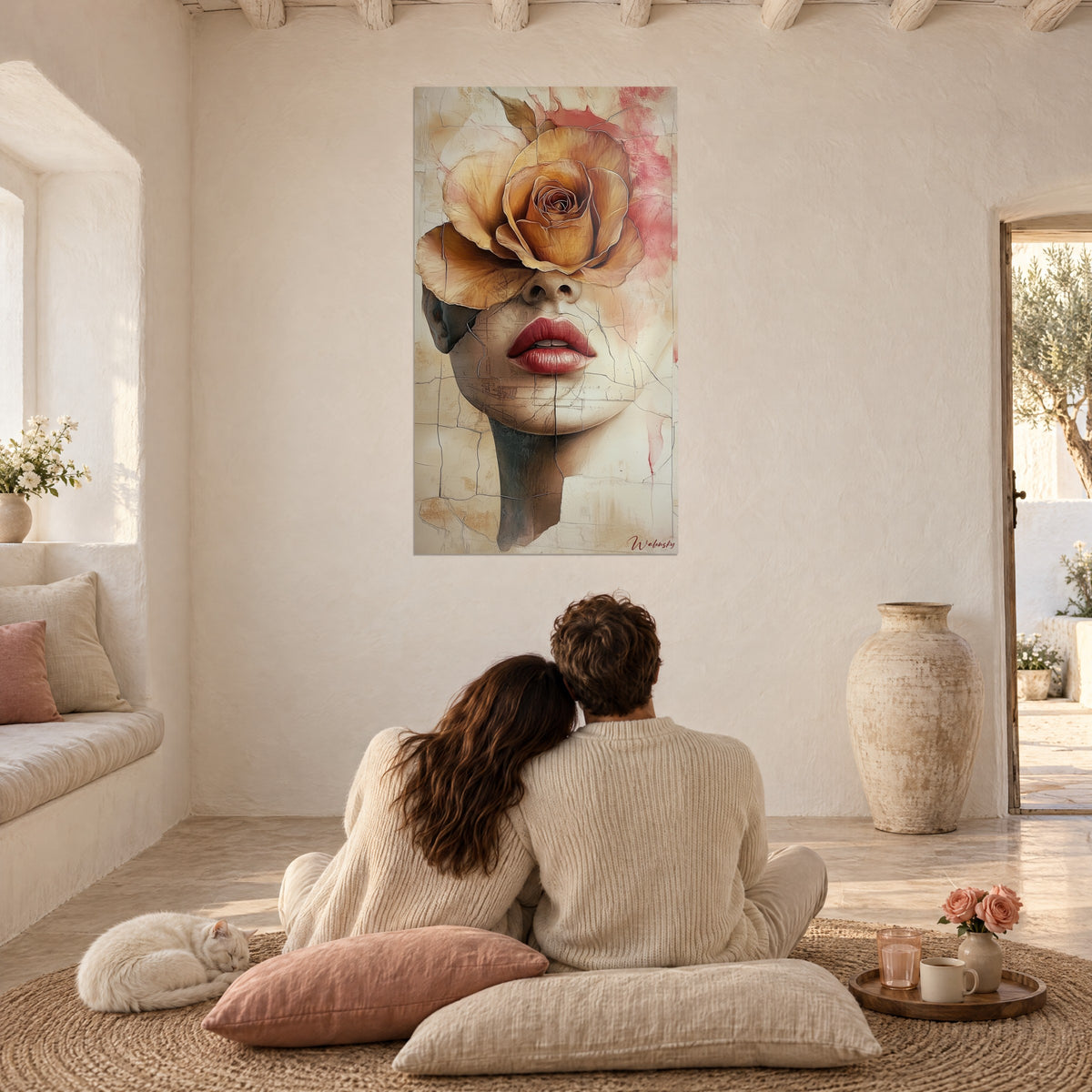 Cuadro rosa dorada velando un rostro de labios rojos, fondo beige agrietado, pared blanca de un salón mediterráneo con un gato