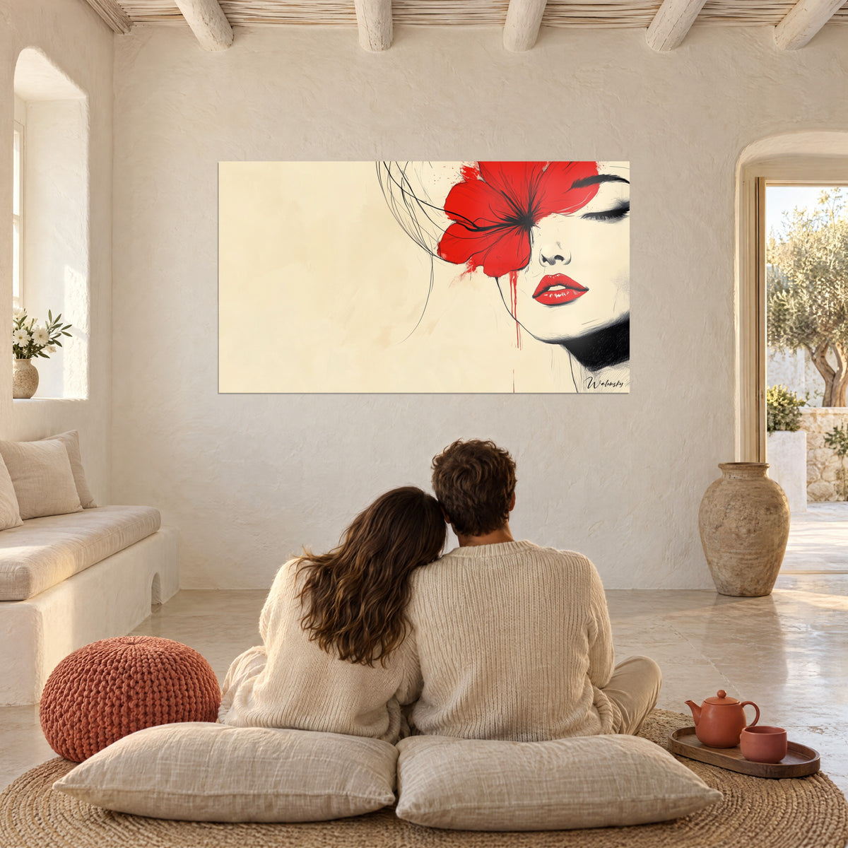 Cuadro ilustración de un rostro velado de rojo, tinta negra sobre crema, frente a una pareja sentada en cojines en el suelo