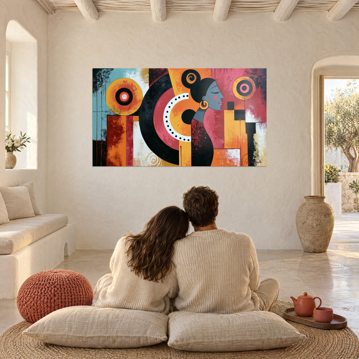 Quadro profilo sereno nei toni rosa, ocra e grigio, coppia di spalle su cuscini a terra di fronte al muro bianco, casa mediterranea