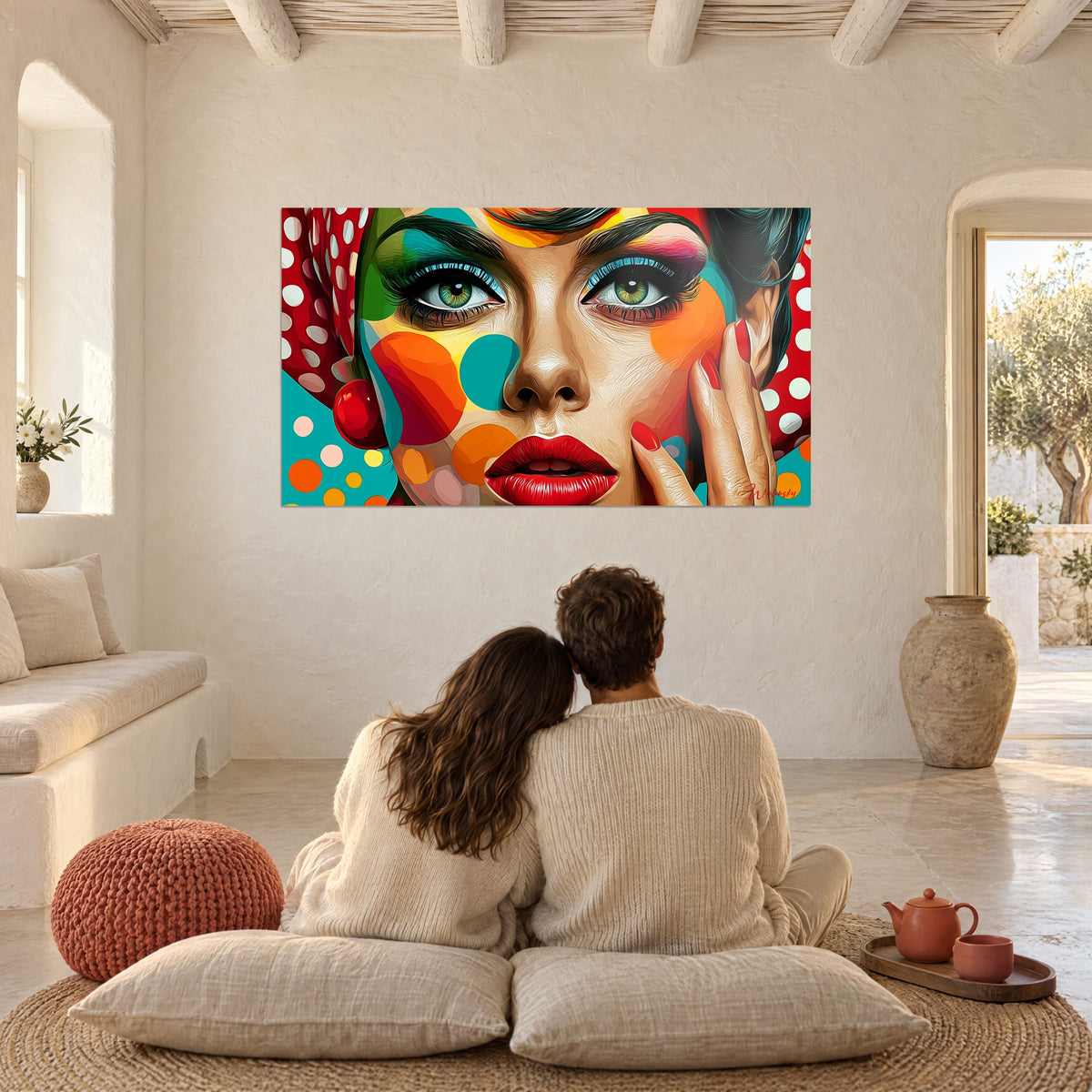 Quadro volto grafico con campiture arancioni, rosse e turchesi, di fronte a una coppia seduta sui cuscini, pareti bianco crema