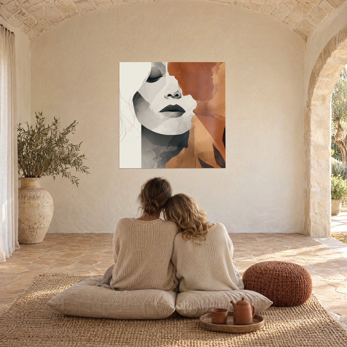 Quadro musa dagli occhi chiusi, bocca color carbone su fondo sabbia e ruggine, coppia abbracciata di spalle su cuscini, sotto una volta di pietra