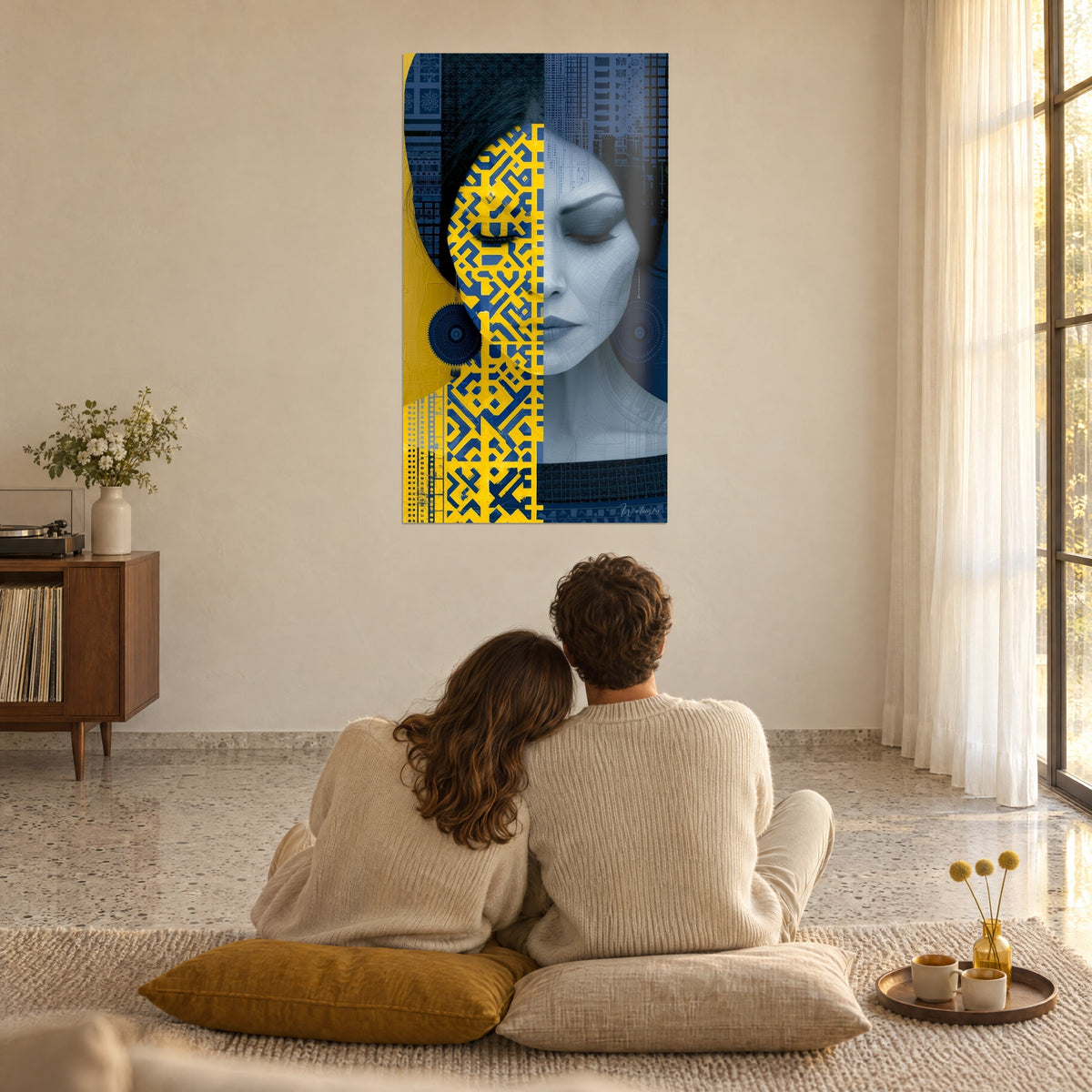 Tableau visage abstrait aux deux moitiés, jaune vif et bleu profond, un couple de dos assis sur des coussins moutarde