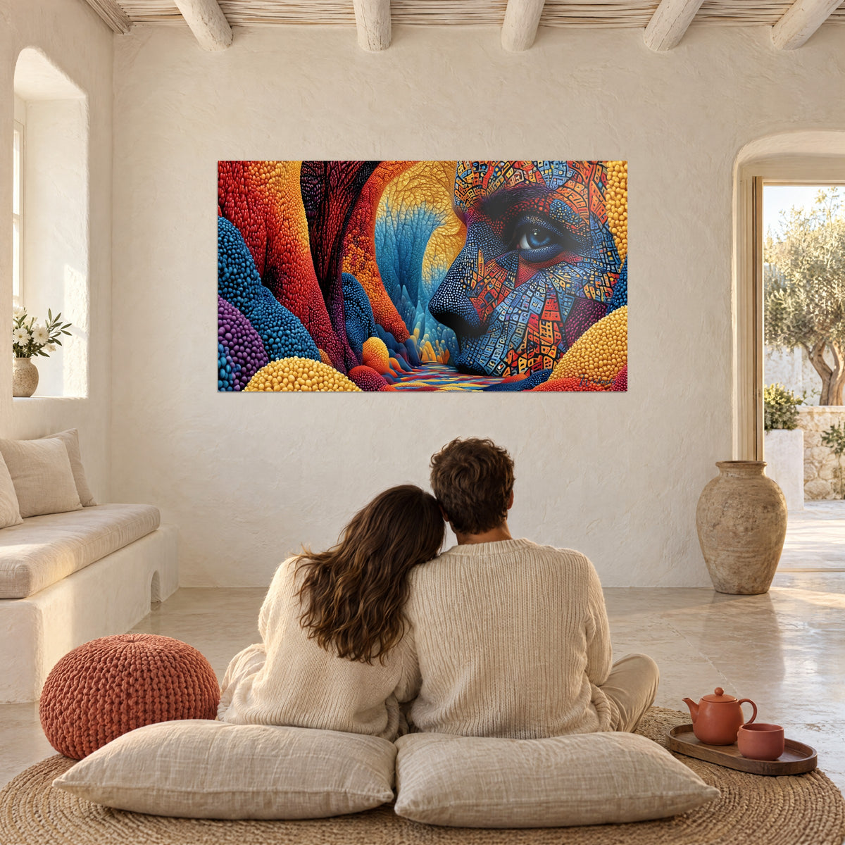 Quadro profilo con occhio azzurro su uno sfondo di sfere gialle, rosse e viola, coppia di spalle su cuscini, salotto mediterraneo