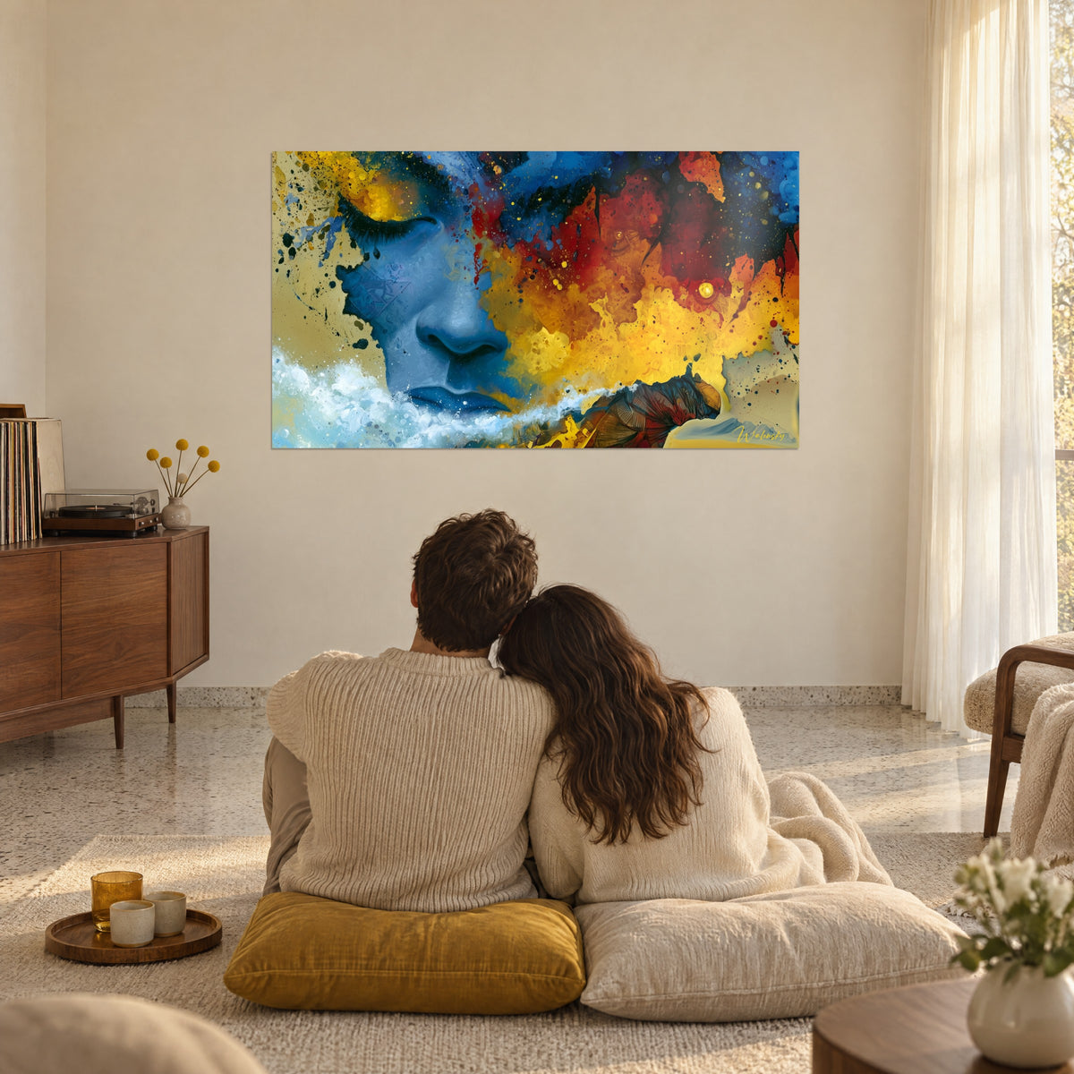 Wall art of a blue head swept away by a blaze of yellow, red and navy pigments, contemplated by an embracing couple seated back to the viewer on a rug