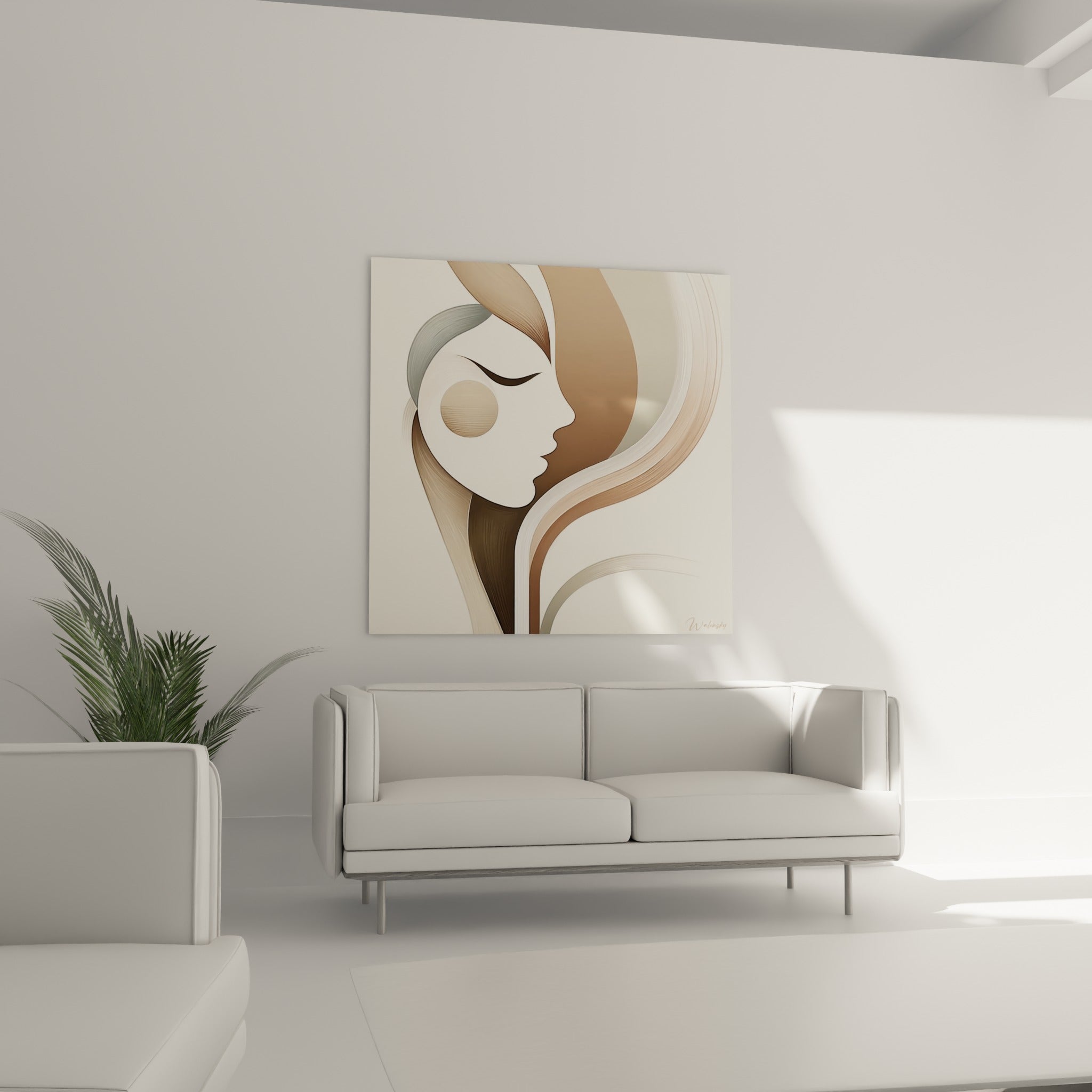 Visage stylisé aux courbes anthracite et beige, suspendu au-dessus d'un canapé dans un salon lumineux