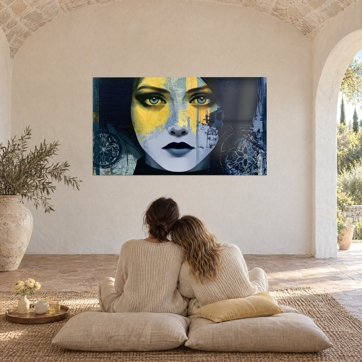 Schilderij raadselachtig gezicht, turquoise iris, gele en marineblauwe spatten, twee omhelsde personen van achteren op vloerkussens