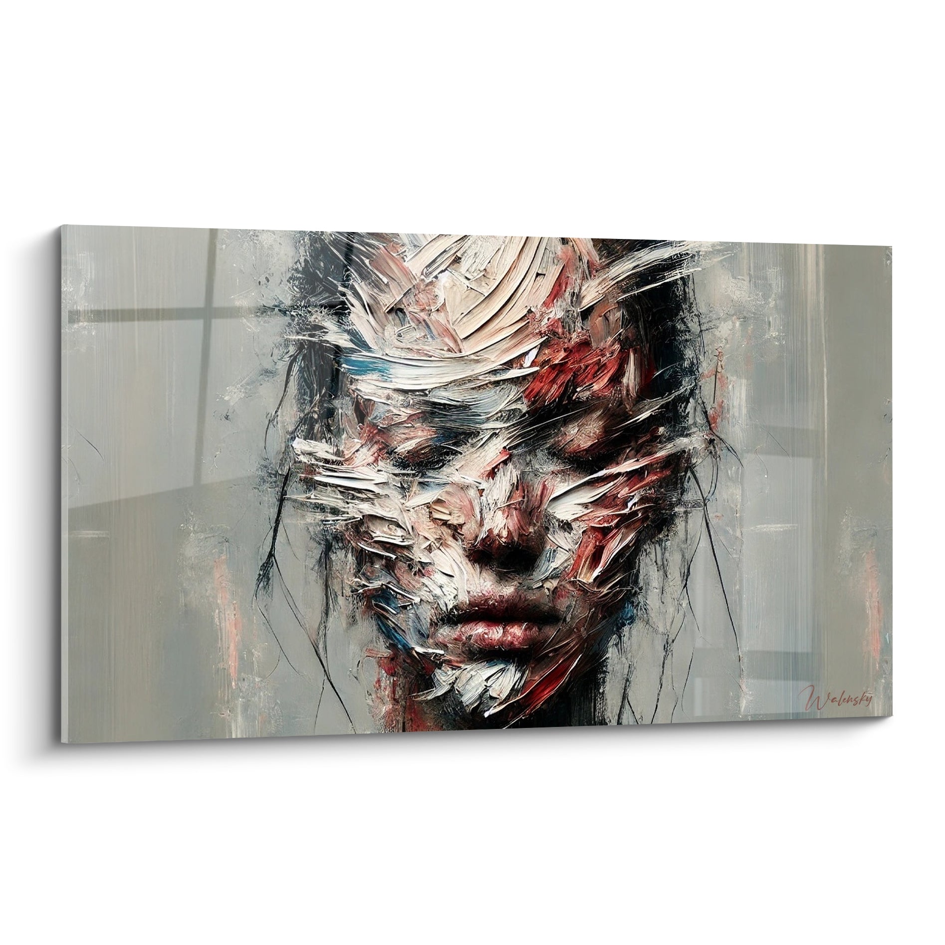 Visage abstrait au couteau, tons blanc cassé et rouge sombre sur fond gris anthracite texturé
