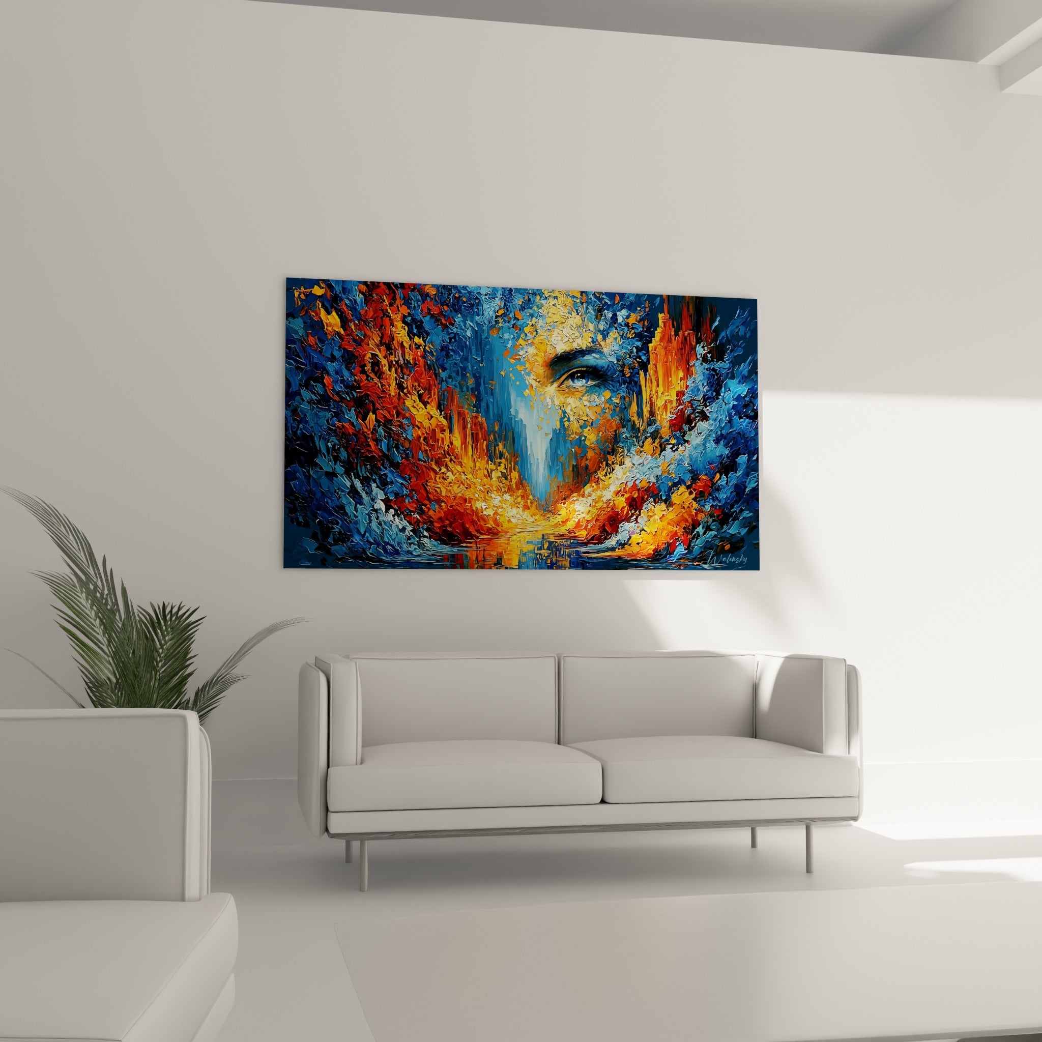 Regard bleu intense émergeant de coulées orangées et marine, visage abstrait au-dessus d'un canapé dans un salon lumineux