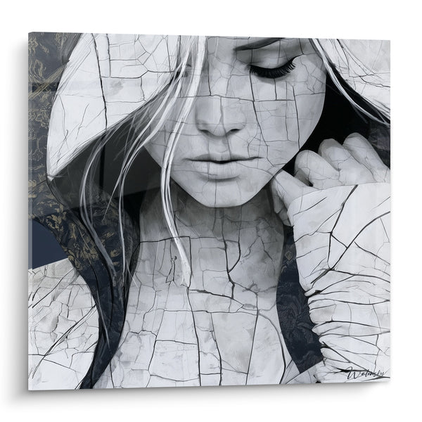 Tableau Visage craquelé blanc et bleu marine - Fêlure intérieure - Edition Visage abstrait