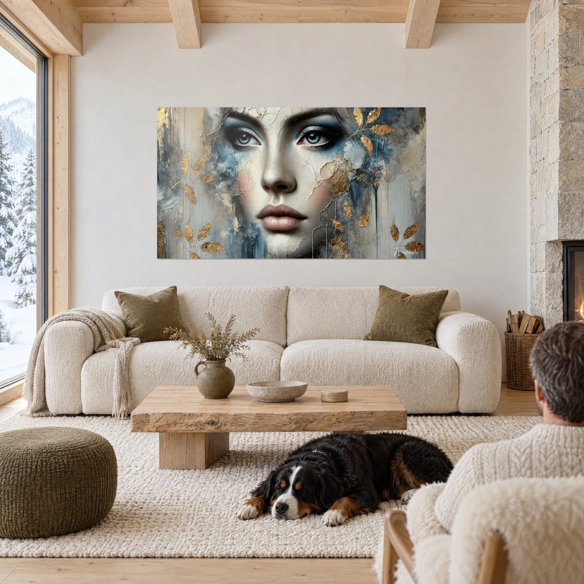 Tableau visage de femme aux yeux bleus et peinture craquelée dorée, un chien noir couché, au-dessus d'un canapé dans un salon lumineux