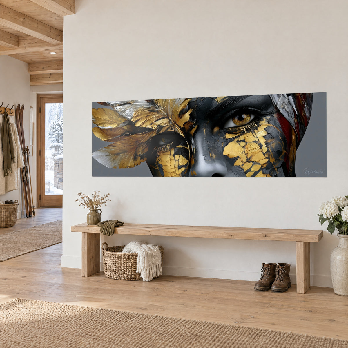 Cuadro máscara de metamorfosis con mirada ámbar, plumas doradas y plateadas sobre fondo gris pizarra, pared blanca, banco de madera, chalet