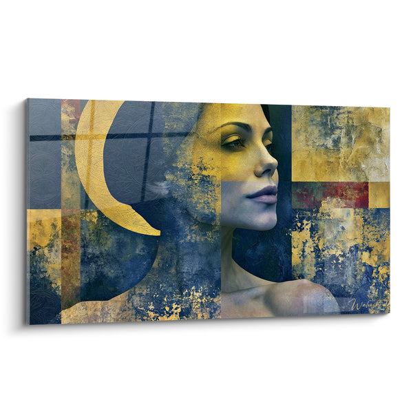 Tableau Portrait féminin bleu marine et doré au croissant - Rêverie céleste - Edition Visage abstrait