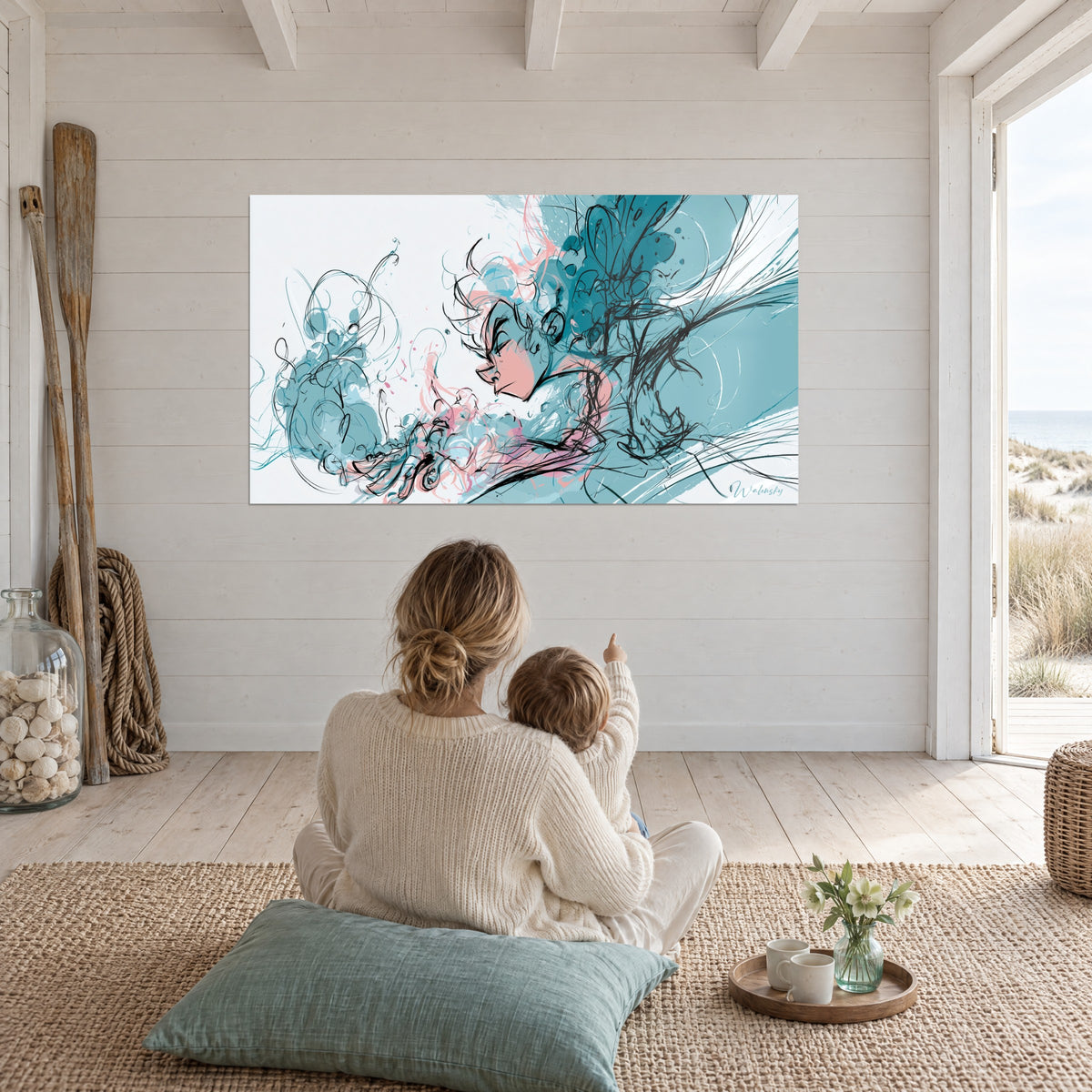 Tableau croquis d'un profil serein, volutes turquoise, touches roses et encre noire, dans un séjour de bord de mer
