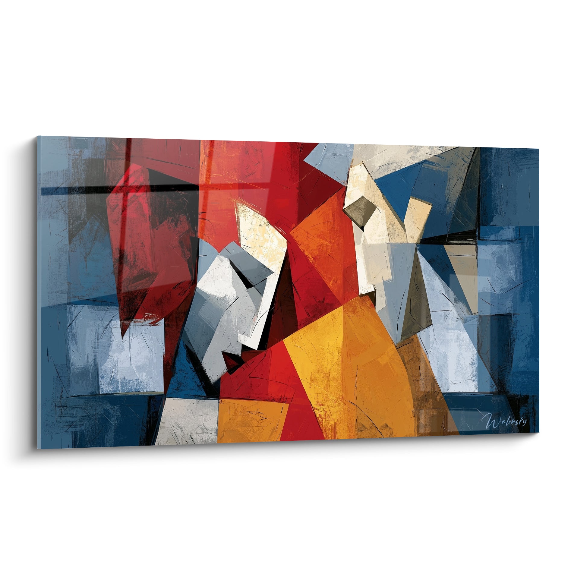 Visage abstrait cubiste en bleu marine et rouge écarlate, formes géométriques et touches ocre