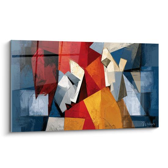 Visage abstrait cubiste en bleu marine et rouge écarlate, formes géométriques et touches ocre