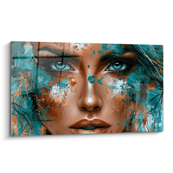 Tableau Visage turquoise et cuivre aux yeux perçants - Éclaboussures cuivrées - Edition Visage abstrait