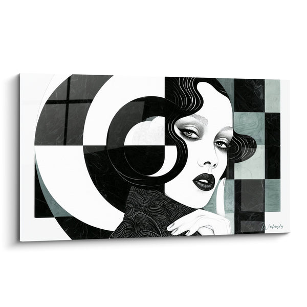 Tableau Portrait féminin noir et blanc aux damiers verts - Élégance hypnotique - Edition Visage abstrait
