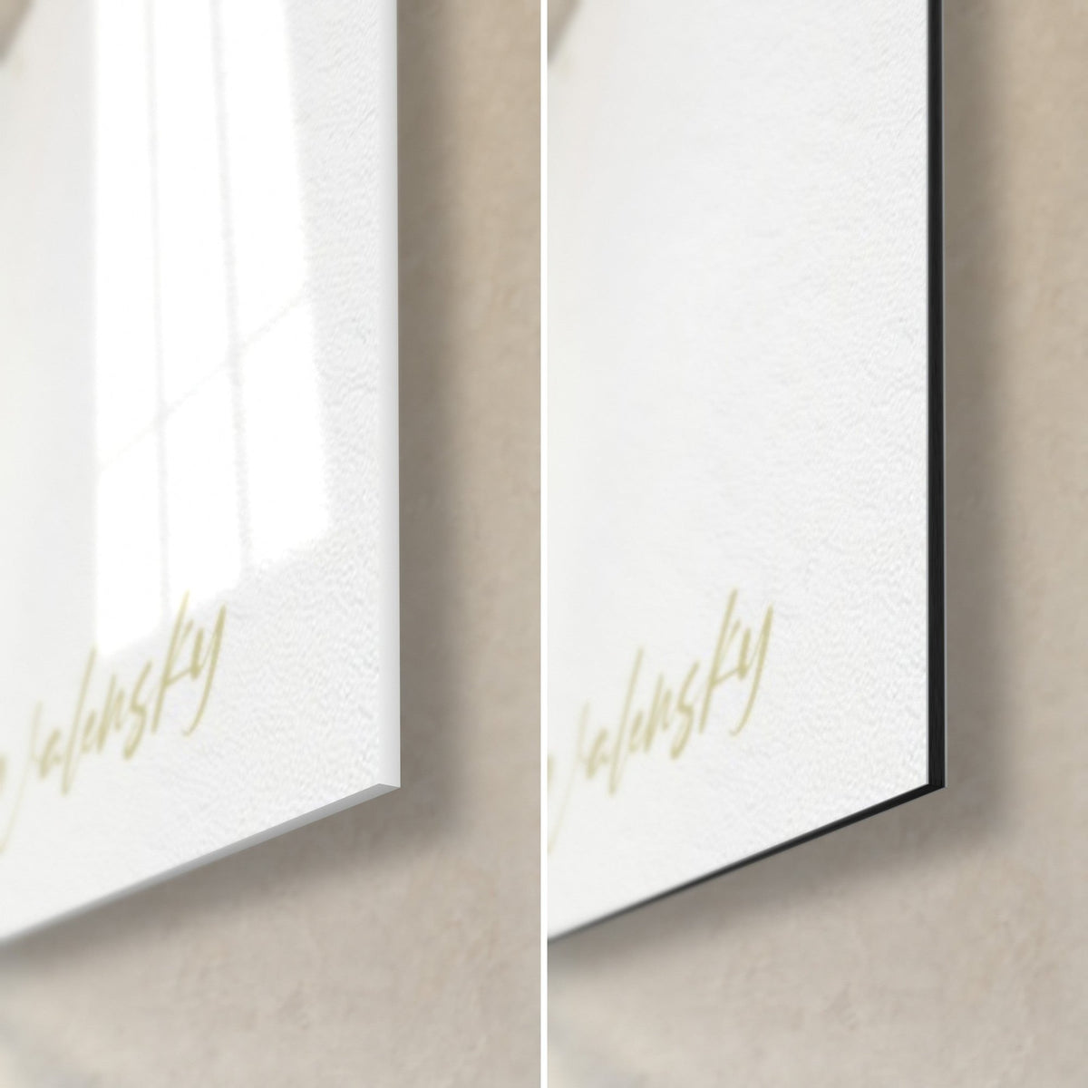 Quadro volto bordeaux e ocra, angolo in basso a destra: vetro lucido con riflessi, alluminio Dibond bianco opaco e bordo nero da 3 mm