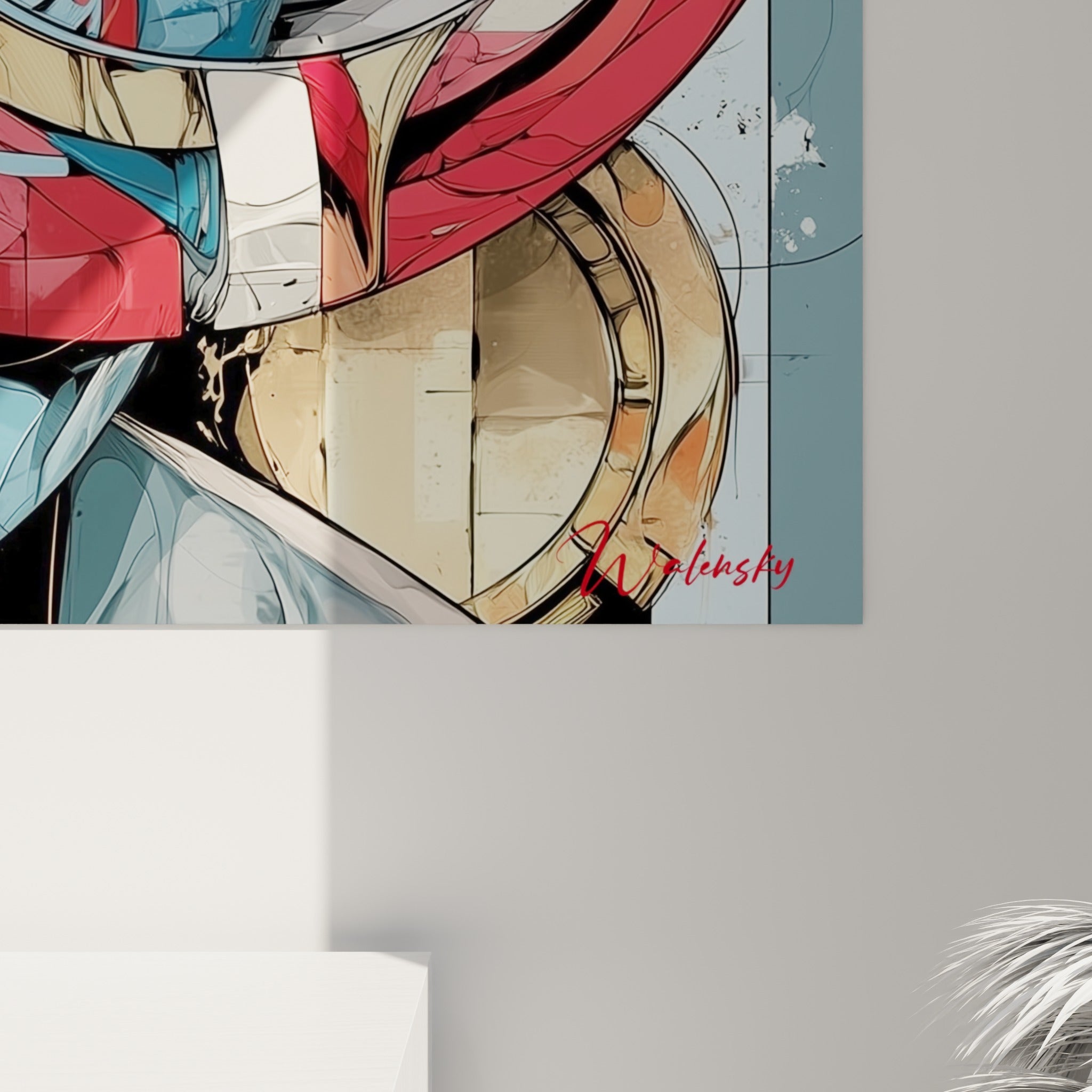 Détail de l'œil mécanique doré et du grain de peinture bleu et rouge sur toile tendue