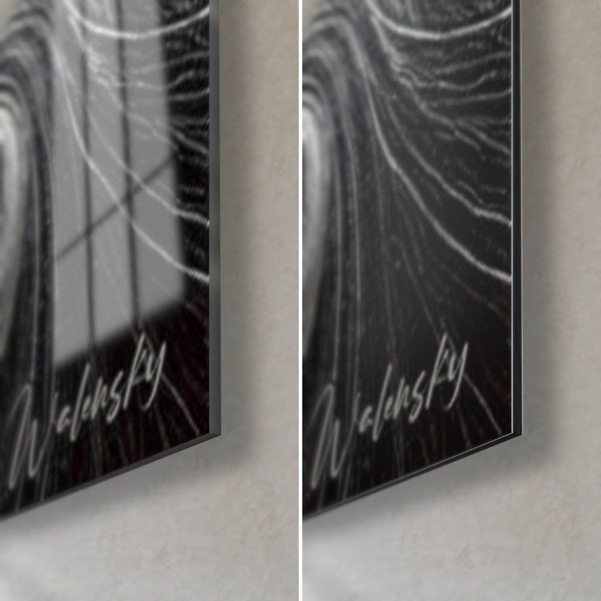 Tableau visage de profil en fils blancs, coin bas droit : verre acrylique brillant et reflets à gauche, Dibond mat noir à droite