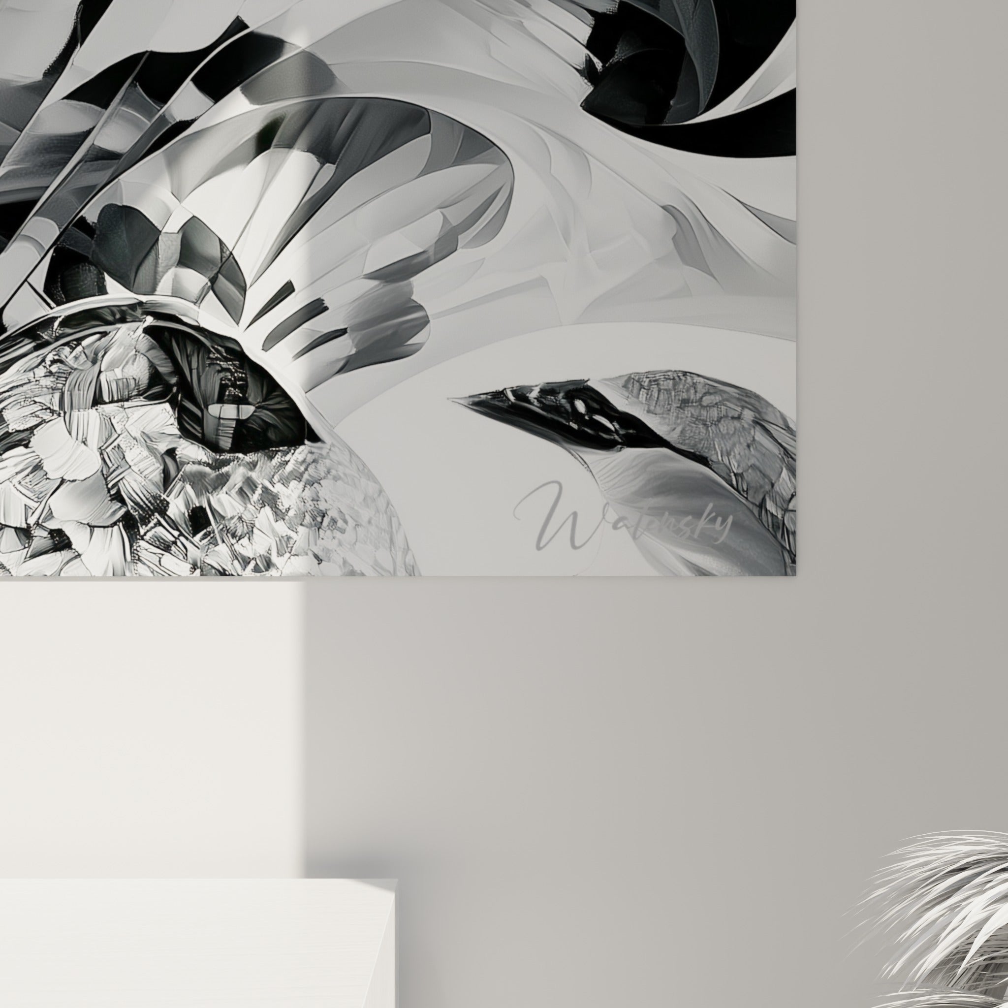 Détail des plumes texturées en damier noir et blanc, grain fin et reflets contrastés sur la toile imprimée