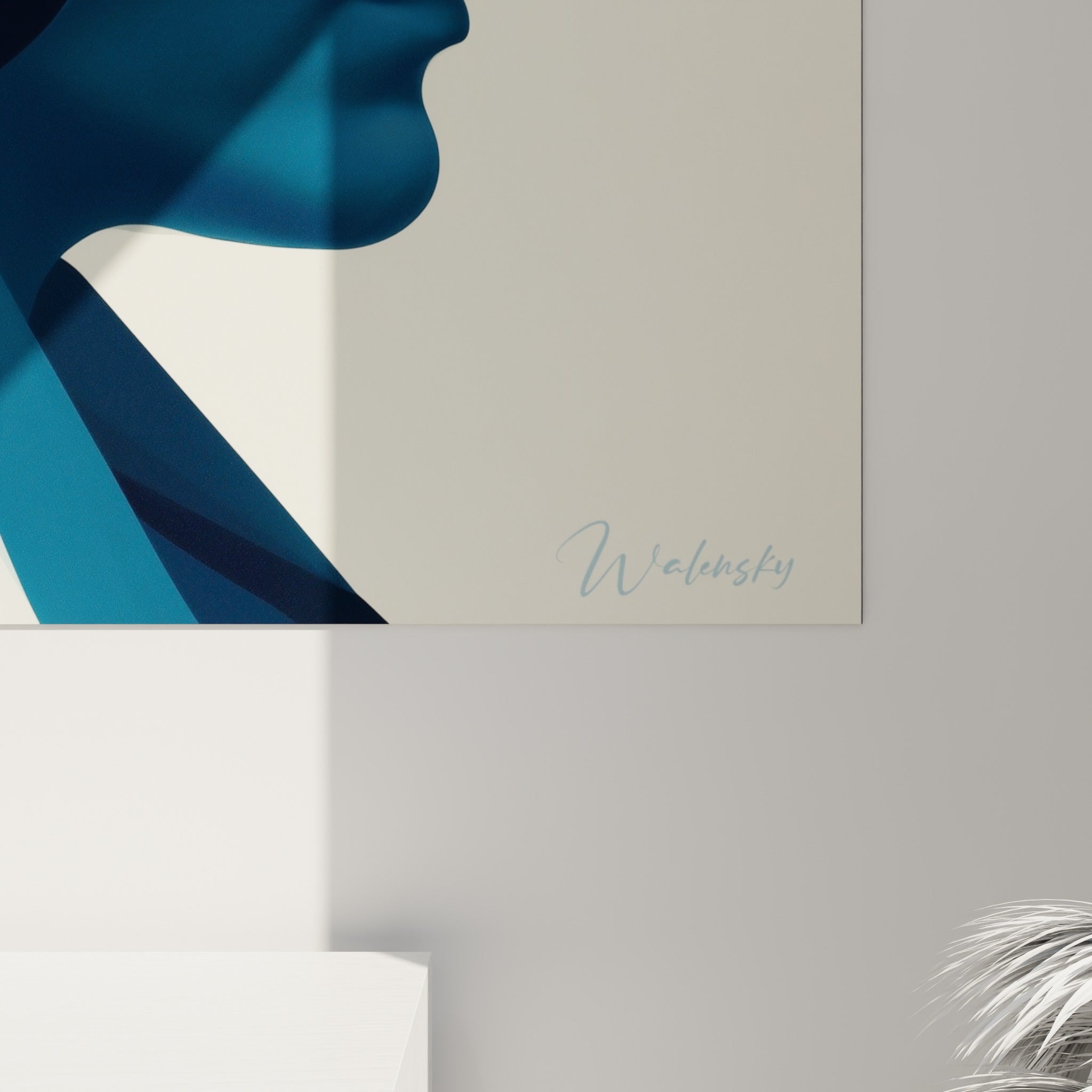 Détail des courbes bleu marine et crème, textures superposées et transitions douces de l'impression