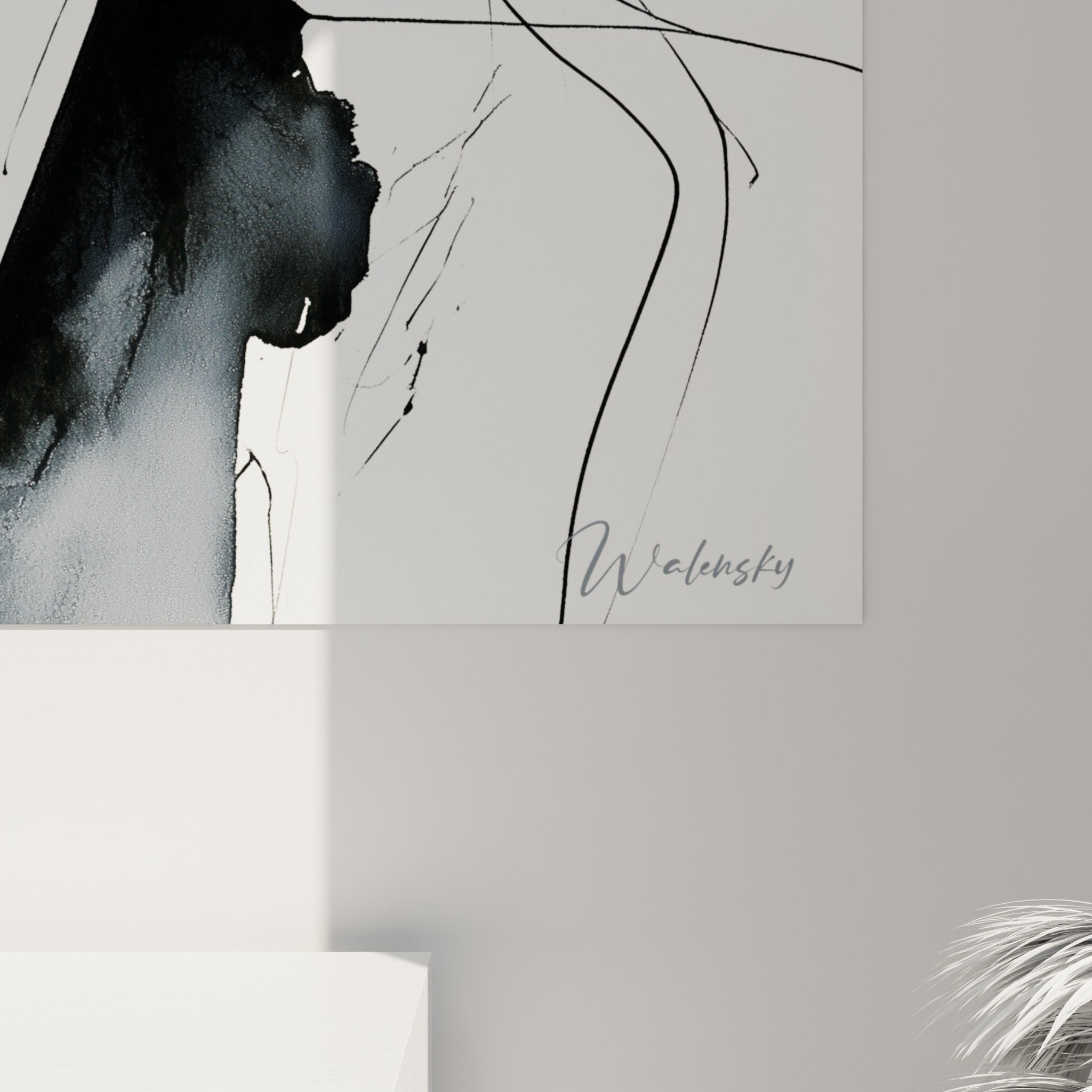 Détail des empâtements noirs et des lignes fines à l'encre grise composant ce visage abstrait sur toile