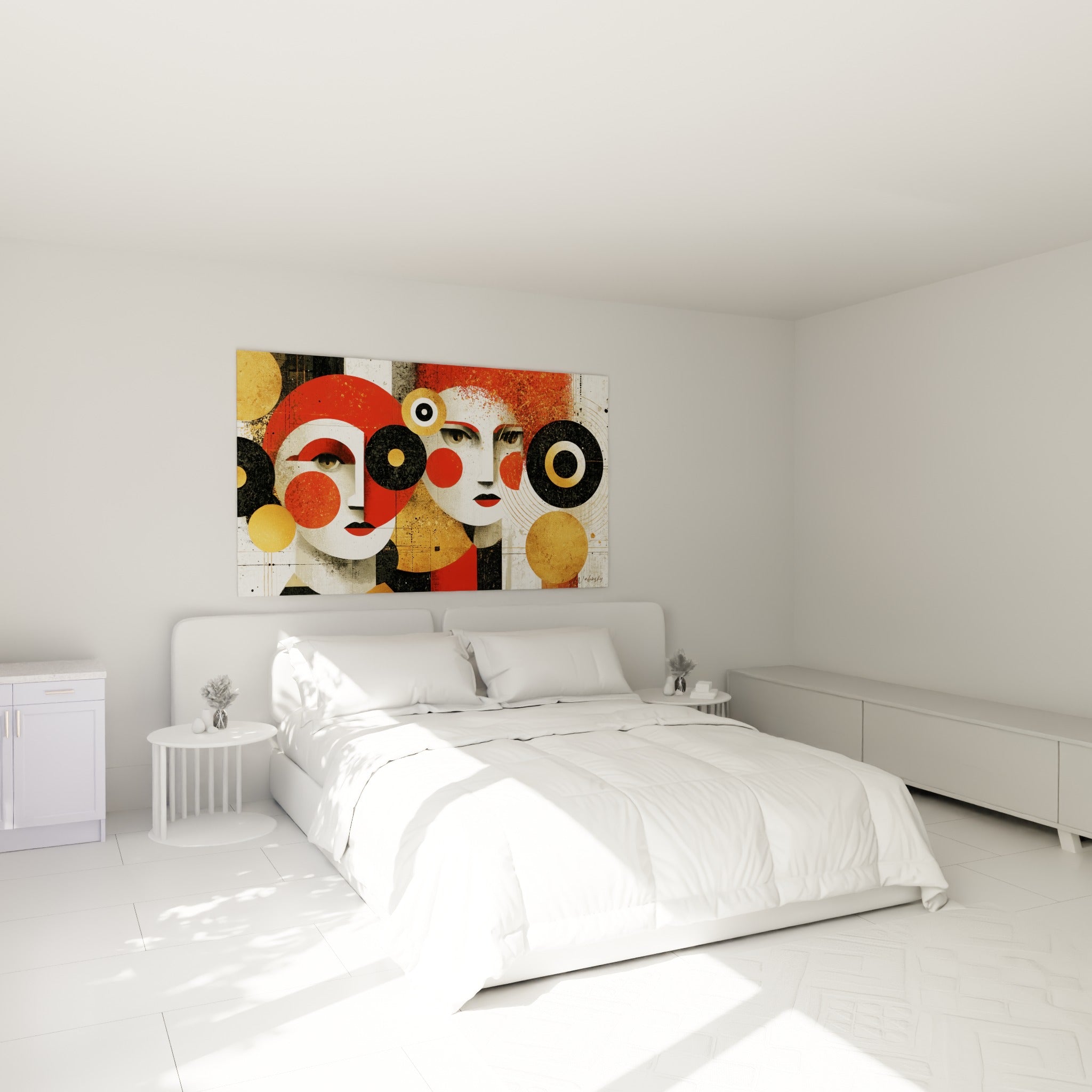 Deux visages abstraits rouge et noir aux cercles dorés, accrochés au-dessus d'un lit dans une chambre claire