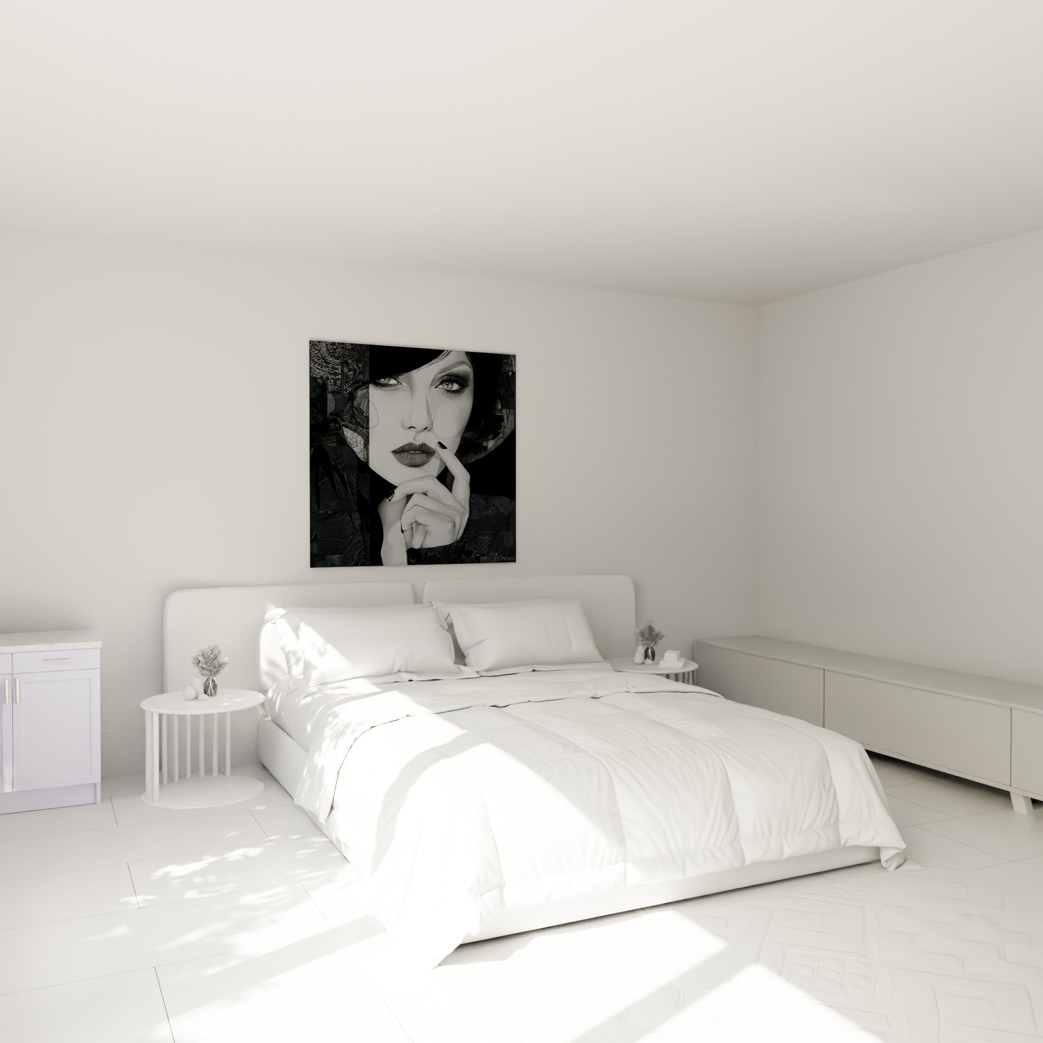 Visage abstrait aux tons anthracite et gris perle, main gantée sur la bouche, au-dessus d'un lit dans une chambre claire