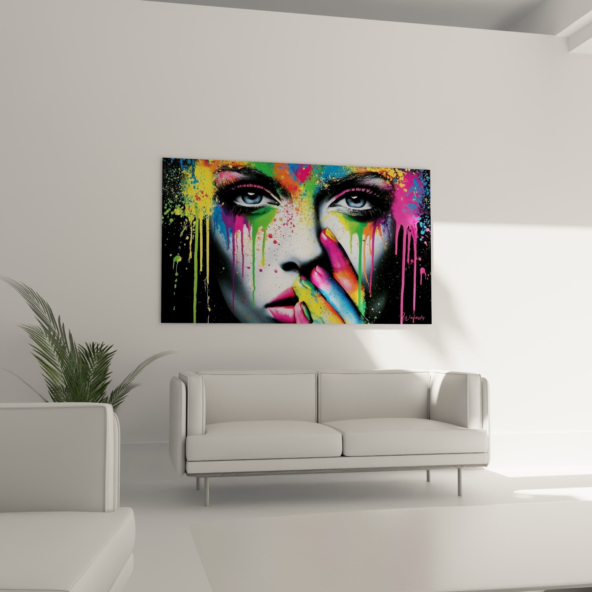 Visage abstrait aux doigts colorés orange et vert touchant les lèvres, au-dessus d'un canapé dans un salon lumineux