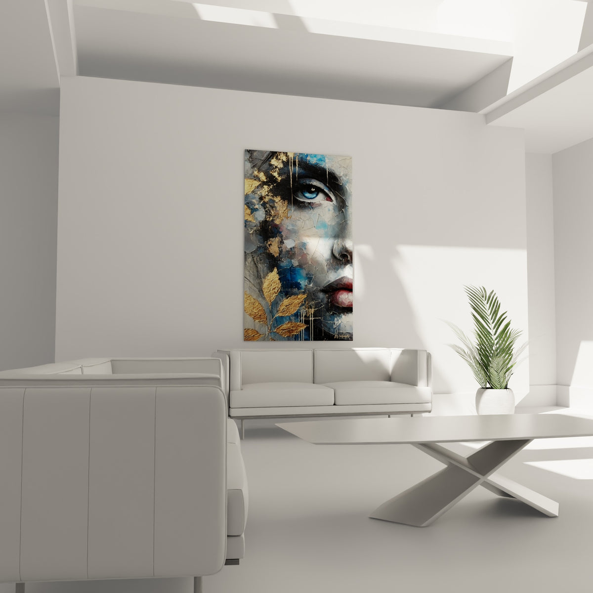 Œil bleu perçant et feuilles dorées sur fond gris anthracite, suspendu au-dessus d'un canapé dans un salon lumineux