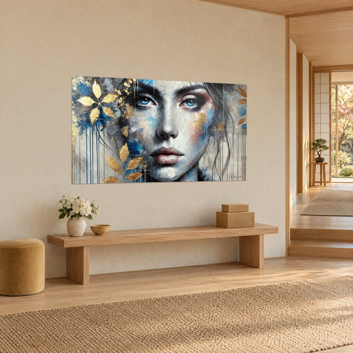 Cuadro rostro de mujer en pasta craquelada blanca, toques azul cobalto y follaje dorado, sobre una pared beige en un pasillo japandi