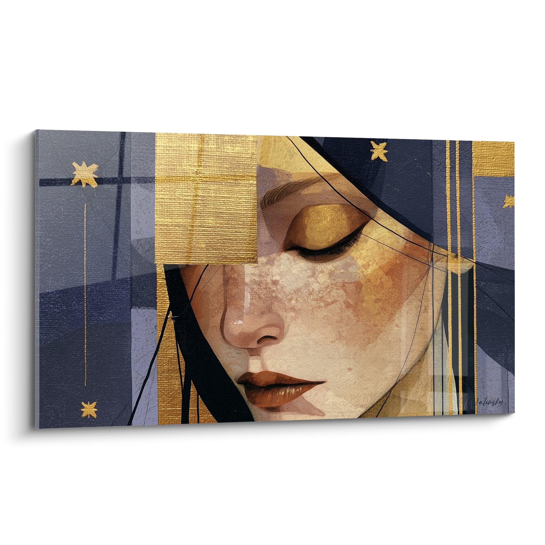 Visage abstrait aux paupières dorées et fond bleu marine étoilé, style graphique raffiné