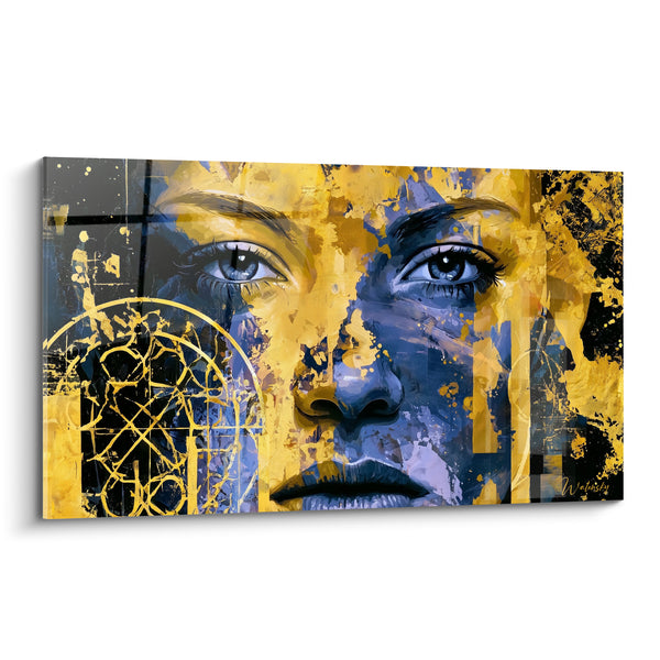 Tableau Visage doré aux fragments bleu marine - Regard millénaire - Edition Visage abstrait