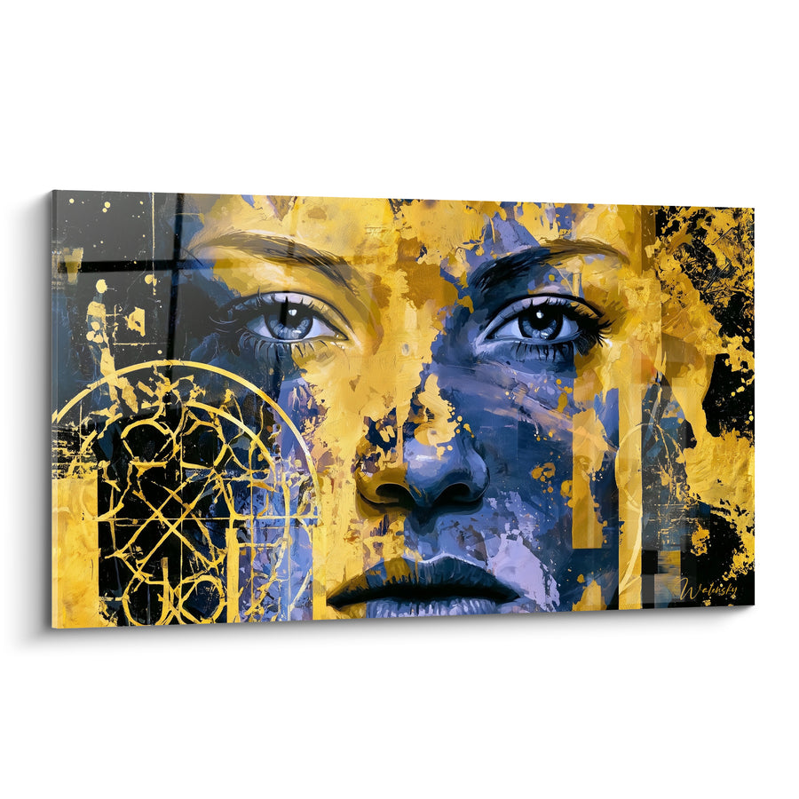 Tableau Visage doré aux fragments bleu marine - Regard millénaire - Edition Visage abstrait