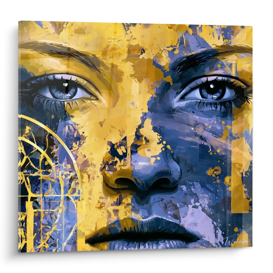 Tableau Visage jaune et bleu marine aux arches dorées - Fenêtre ornementale gravée - Edition Visage abstrait