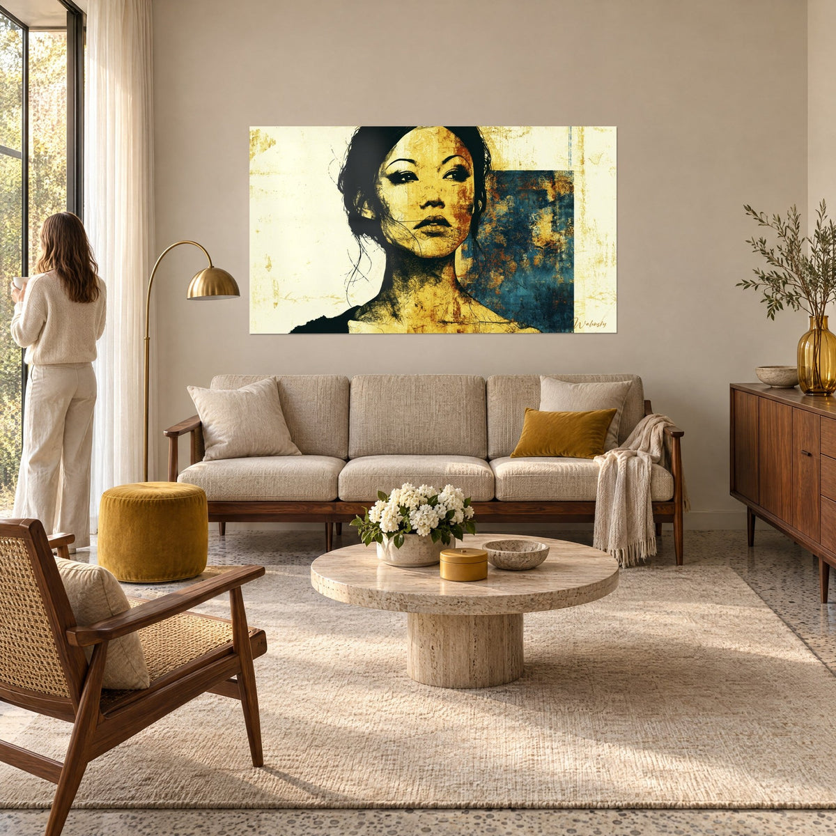 Cuadro retrato de mujer con rostro ocre dorado y fondo azul oxidado, moño negro, sobre un sofá en un salón luminoso