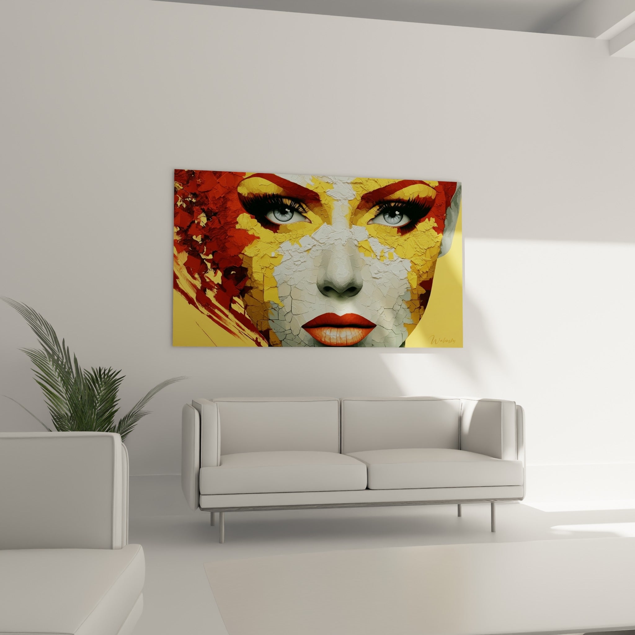 Visage abstrait doré et rouge terracotta aux lèvres orangées, suspendu au-dessus d'un canapé dans un salon lumineux