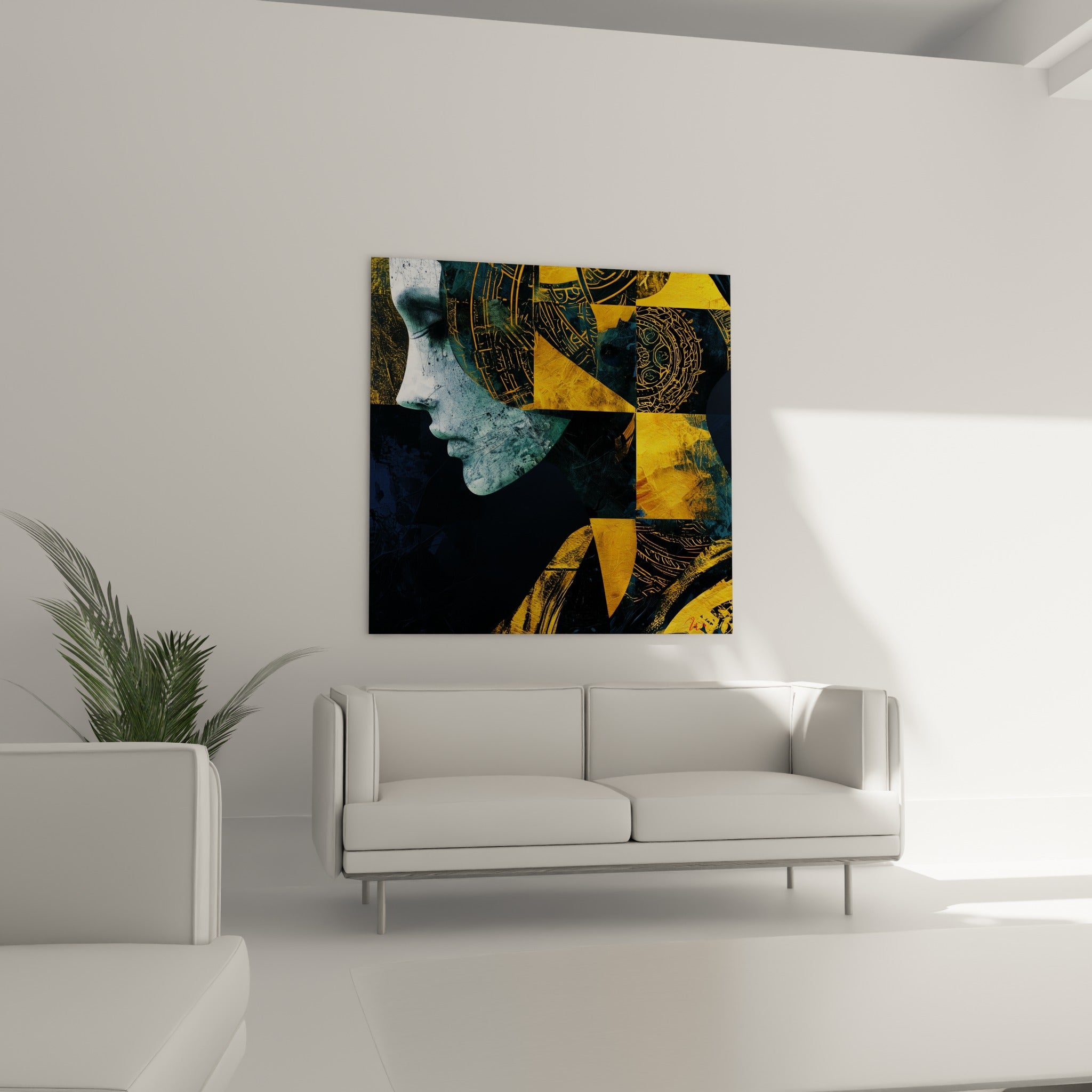 Portrait fragmenté du visage abstrait aux teintes dorées et bleu nuit, au-dessus d'un canapé dans un salon lumineux