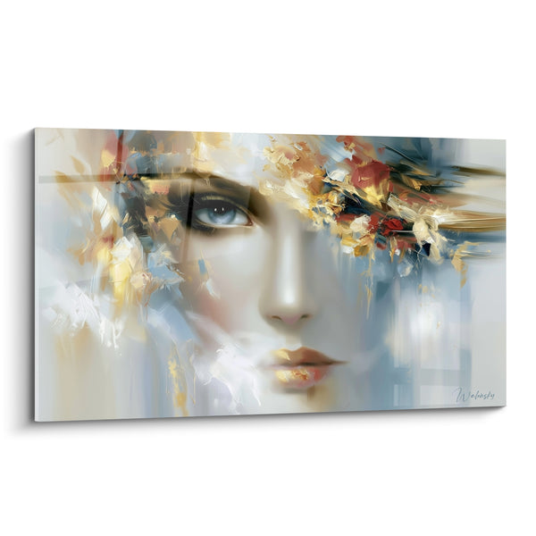 Tableau Visage blanc et doré à la couronne fleurie - Œil bleu perçant - Edition Visage abstrait
