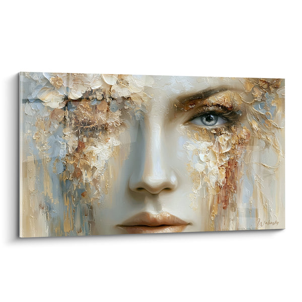 Tableau Visage ivoire et doré aux fleurs sculptées - Œil bleu perçant - Edition Visage abstrait