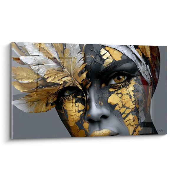 Tableau Visage gris et doré aux plumes sculptées - Regard ambré perçant - Edition Visage abstrait