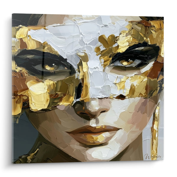 Tableau Visage doré aux empâtements sculptés - Éclat masqué - Edition Visage abstrait