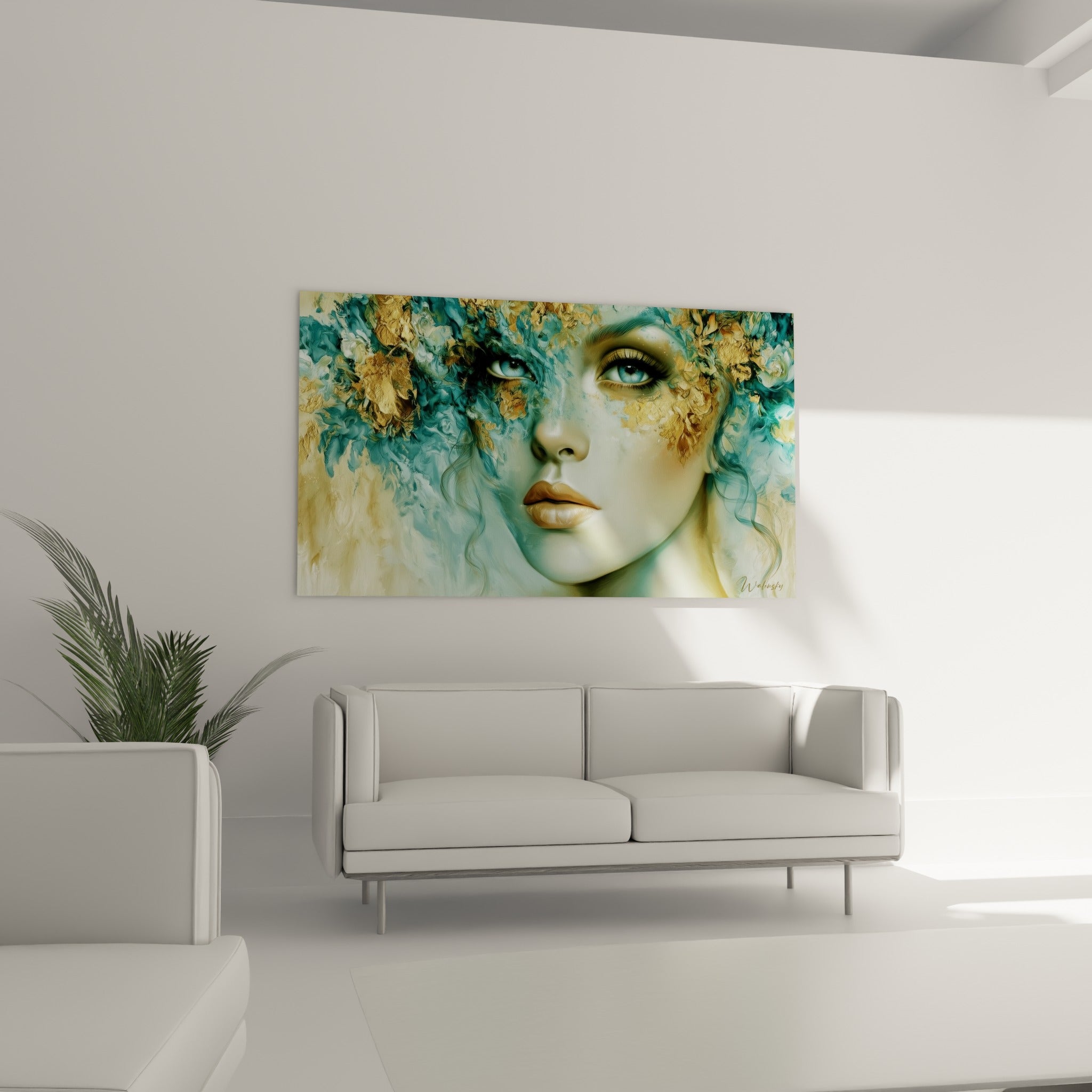 Visage abstrait aux teintes bleu-vert et éclats dorés, disposé au-dessus d'un canapé dans un salon lumineux