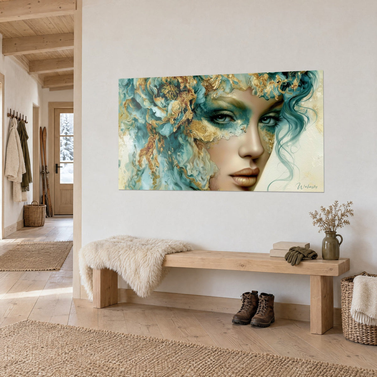 Wall art female face with grey-green eyes, gold leaf mask and ivory flowers, three-quarter view, white wall, wooden bench