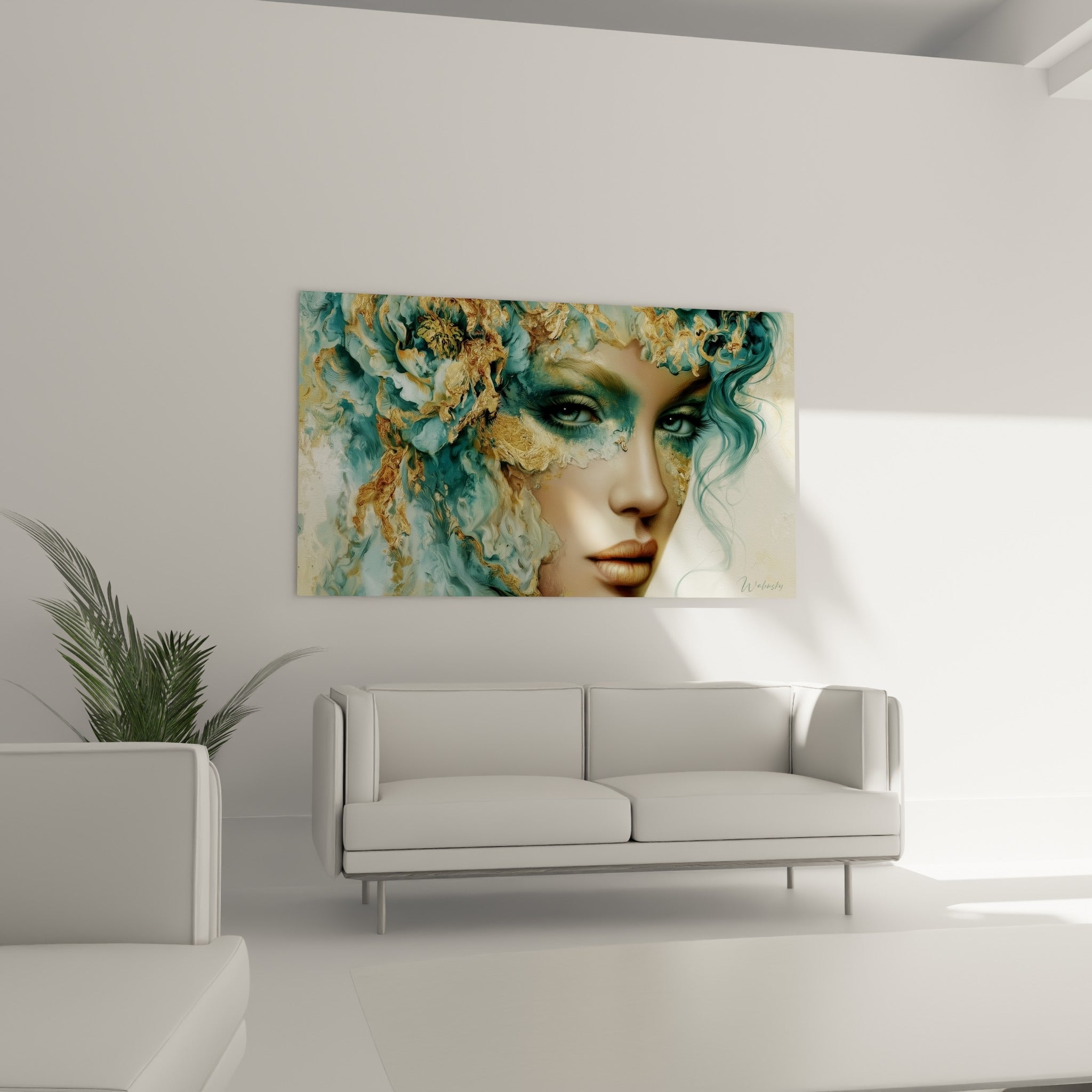 Visage abstrait aux volutes turquoise et dorées, au-dessus d'un canapé dans un salon lumineux.